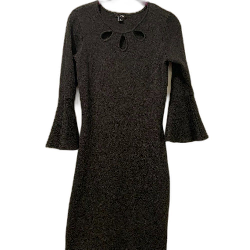Roz & Ali Dress with 3/4" Bell Sleeves High Neck in Grey Size Small